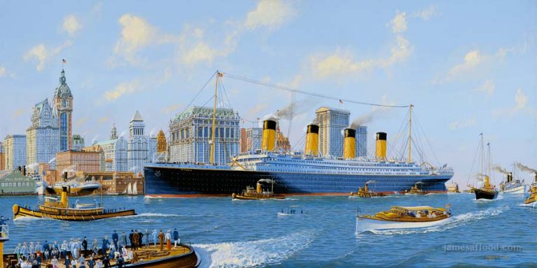 Fictional painting of Titanic passing lower Manhattan