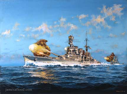 HMS Repulse portrayed at firing practice